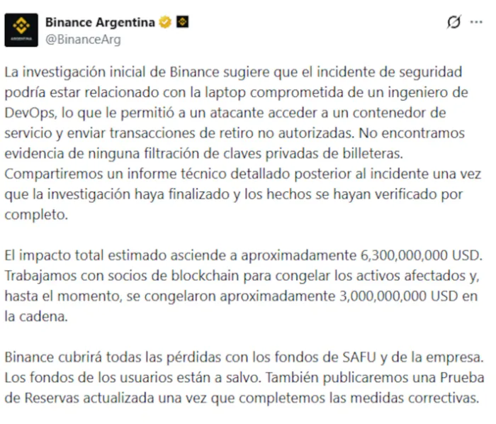 El comunicado de Binance tras el hackeo millonario. (Foto: X/BinanceArg).
